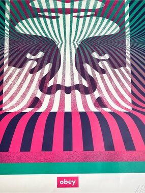 New Obey Pink Teal & Navy Optical Portrait 36 x 24 signed Shepard Fairey Art